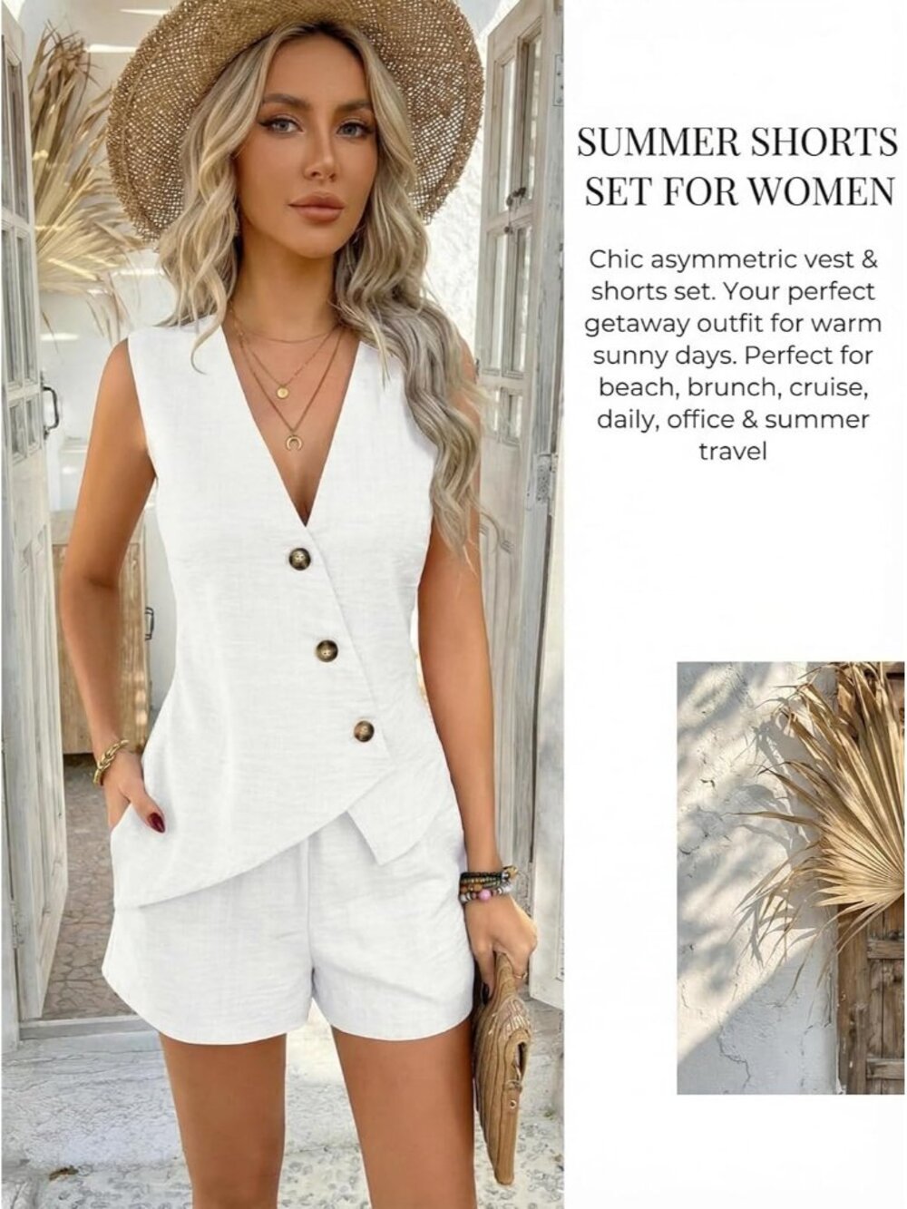 Women's White 2 Piece Sleeveless Button Down V Neck Blazer Vest and Shorts Set - Picture 3 of 6